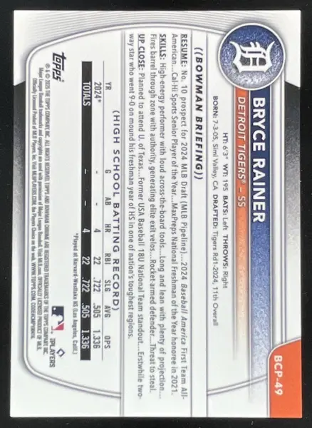2025 Bowman Chrome Prospects Gold Refractor #BCP-49 Bryce Rainer /50