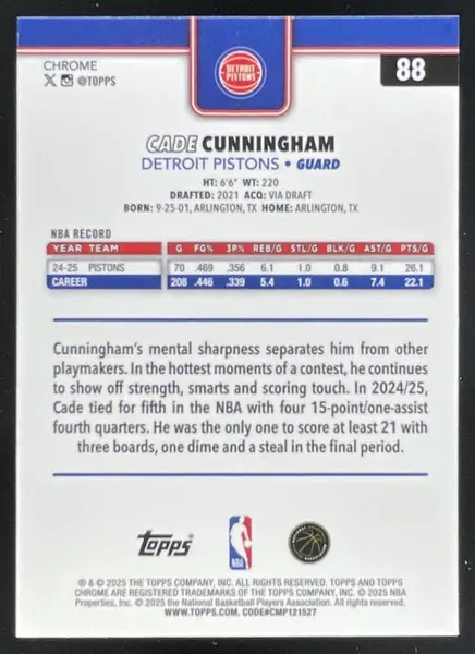 2025-26 Topps Chrome Sapphire #88 Cade Cunningham