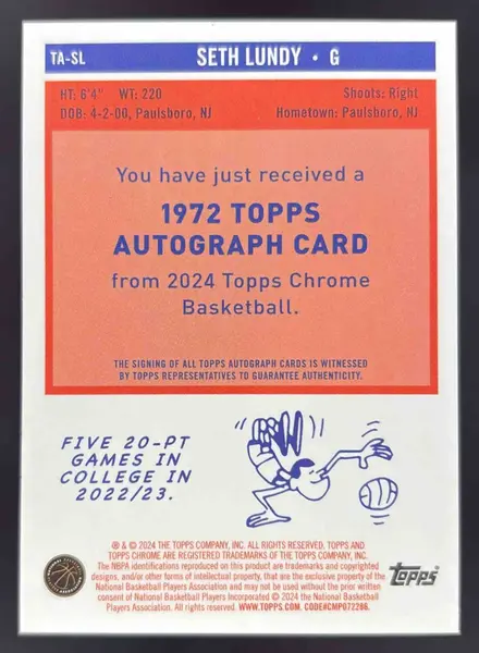 2023 Topps Chrome Sapphire 1972 Chrome Purple Sapphire Seth Lundy RC Auto /10