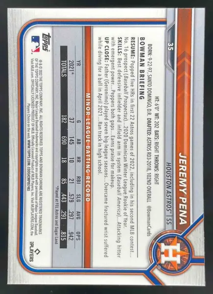 2022 Bowman Chrome Sapphire Chrome #35 Jeremy Pena RC