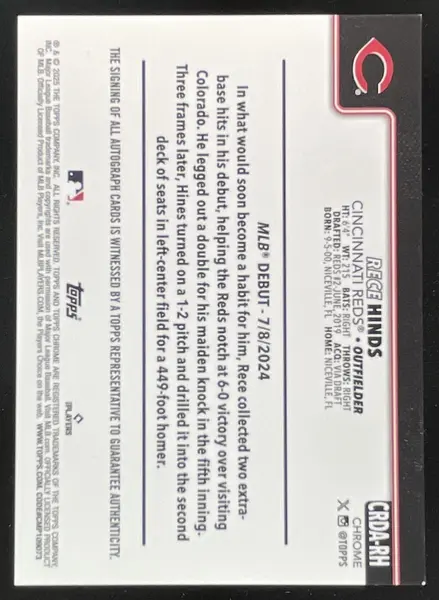 2025 Topps Chrome Update Rookie Debut Blue RayWave Rece Hinds RC Auto /150