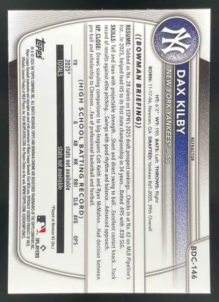 2025 Bowman Draft Chrome Refractor #BDC-146 Dax Kilby RC