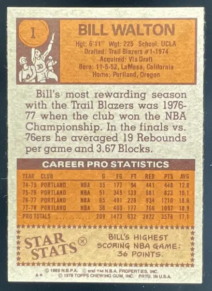 1978-79 Topps #1 Bill Walton All-Star