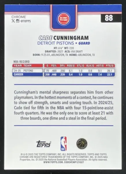 2025-26 Topps Chrome Sapphire #88 Cade Cunningham