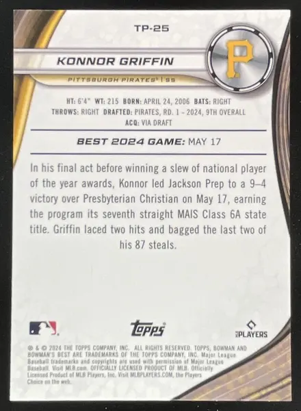 2024 Bowman Bowman's Best Prospects Refractor #TP-25 Konnor Griffin