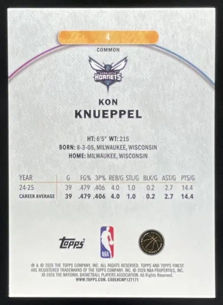 2025-26 Topps Finest Common Oil Spill Refractor #4 Kon Knueppel RC