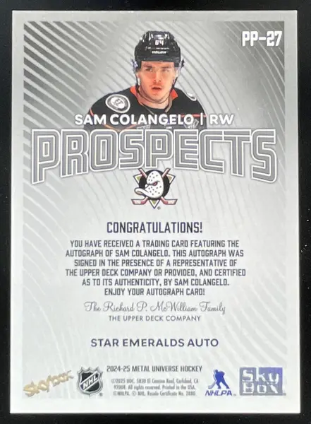 2024 Skybox Metal Universe Premium Star Emerald #PP-27 Sam Colangelo RC Auto /25