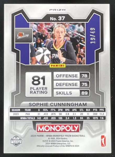 2024 Panini Prizm Monopoly WNBA Gold Prizm #37 Sophie Cunningham /49