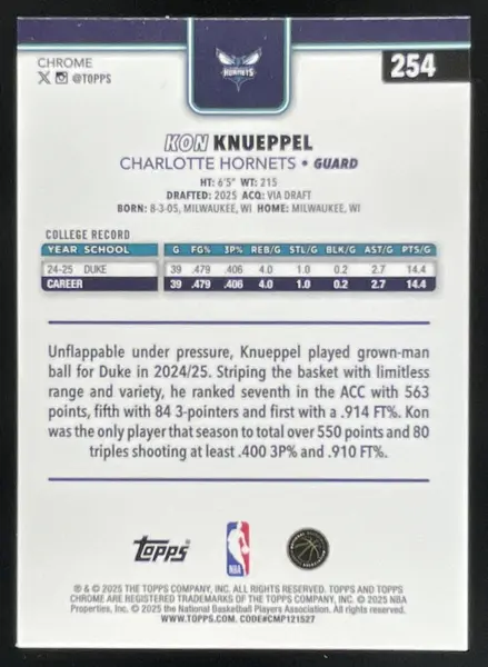 2025-26 Topps Chrome #254 Kon Knueppel RC
