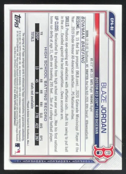 2021 Bowman Chrome Prospect Autographs #CPA-BJ Blaze Jordan Autograph RC Auto