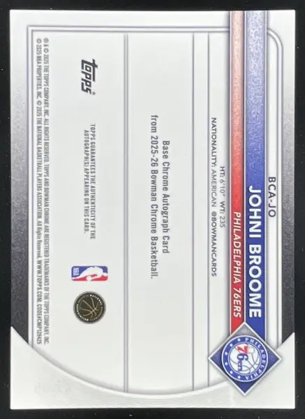 2025-26 Bowman Chrome Autograph Green Refractor #BCA-JO Johni Broome RC Auto /99