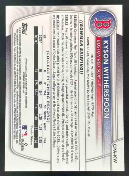 2025 Bowman Draft Chrome Prospect Autograph #CPA-KW Kyson Witherspoon RC Auto