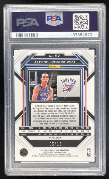 2022-23 Panini Prizm Prizms Gold Shimmer FOTL #52 Aleksej Pokusevski /10 PSA 10