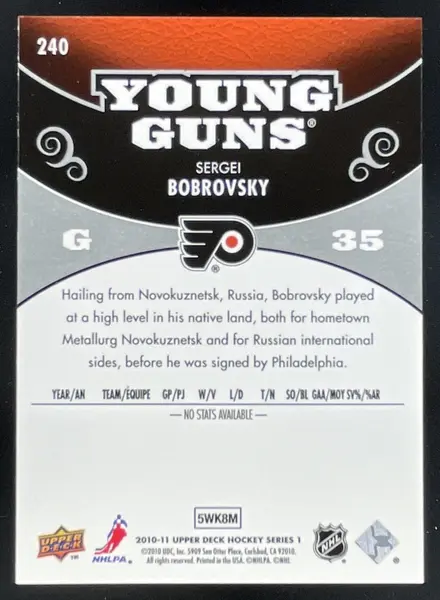 2010-11 Upper Deck #240 Sergei Bobrovsky Young Guns RC