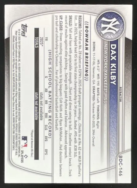 2025 Bowman Draft Chrome Refractor #BDC-146 Dax Kilby RC