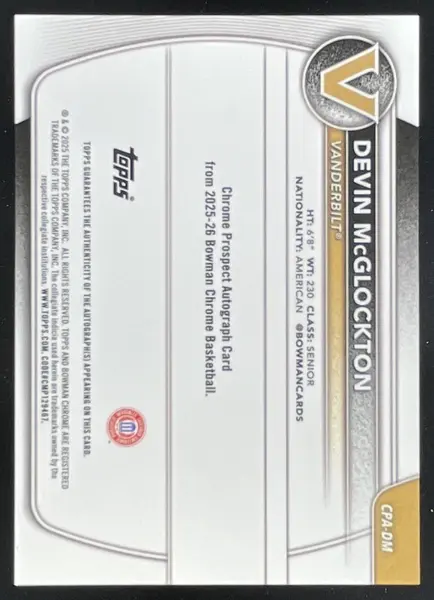 2025-26 Bowman Chrome Prospect Yellow Mojo #CPA-DM Devin McGlockton RC Auto /75
