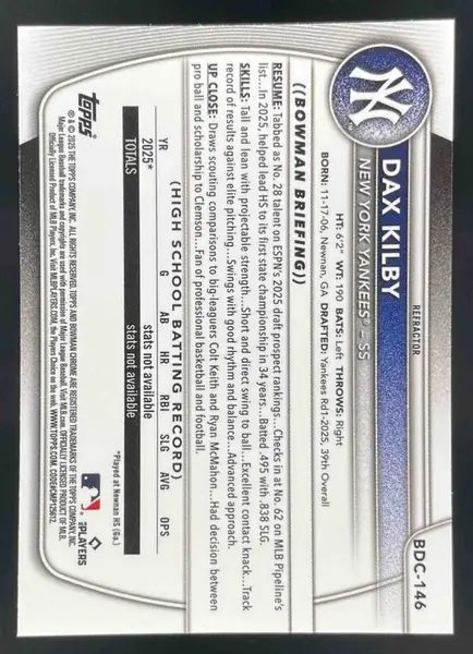 2025 Bowman Draft Chrome Refractor #BDC-146 Dax Kilby RC