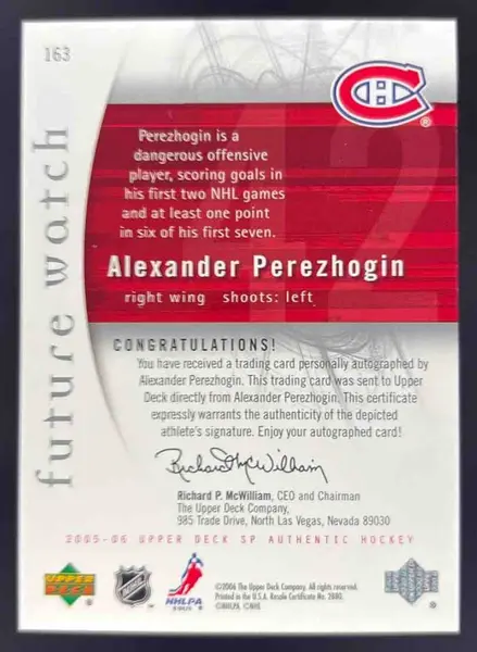 2005 SP Authentic #163 Alexander Perezhogin Autograph RC Future Watch Auto /999