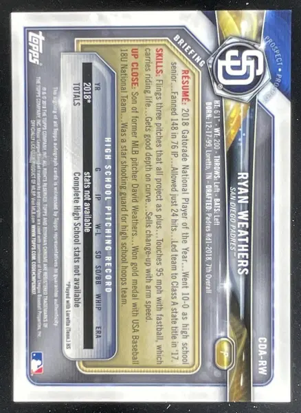 2018 Bowman Draft Chrome Pick Autographs #CDA-RW Ryan Weathers RC Auto