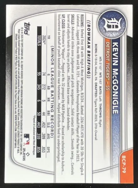 2025 Bowman Chrome Prospects #BCP-79 Kevin McGonigle RC