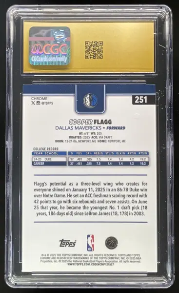 2025-26 Topps Chrome #251 Cooper Flagg RC CGC 10