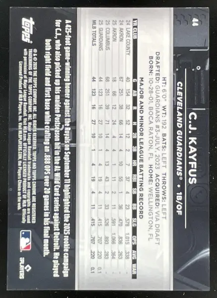 2026 Topps Chrome Black Purple Wave Refractor #44 C.J. Kayfus RC /75