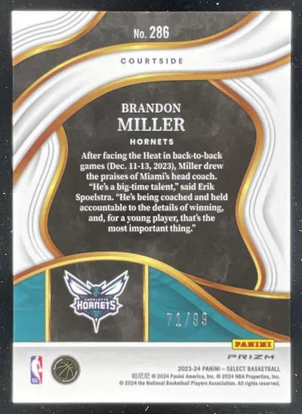 2023-24 Panini Select Blue Flash Prizm #286 Brandon Miller RC Courtside /99