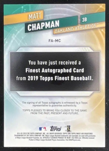 2019 Topps Finest Autographs Green #FA-MC Matt Chapman Auto /99