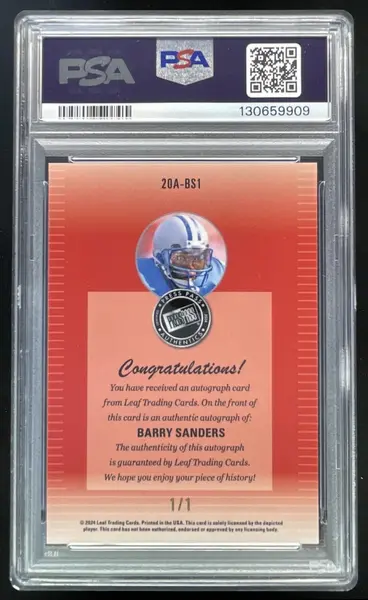 2024 Leaf Press Pass 2000 Auto Shimmer Orange #BS1 Barry Sanders Auto 1/1 PSA 9
