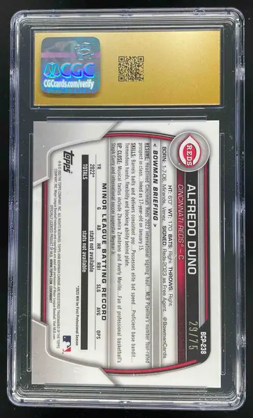 2023 Bowman Chrome Prospects Yellow #BCP-238 Alfredo Duno RC /75 CGC 10