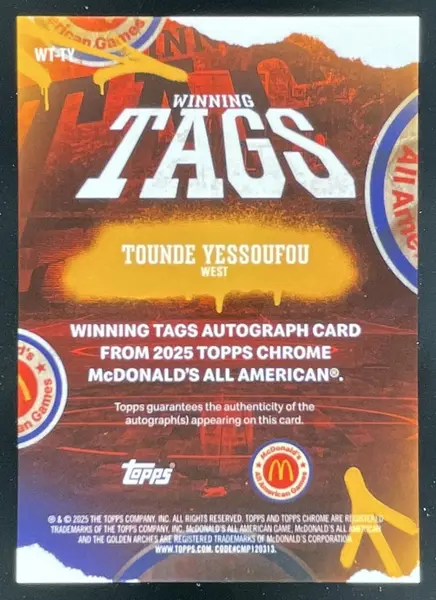 2025 Topps Chrome McDonald's All-American Winning Tags #TY Tounde Yessoufou Auto