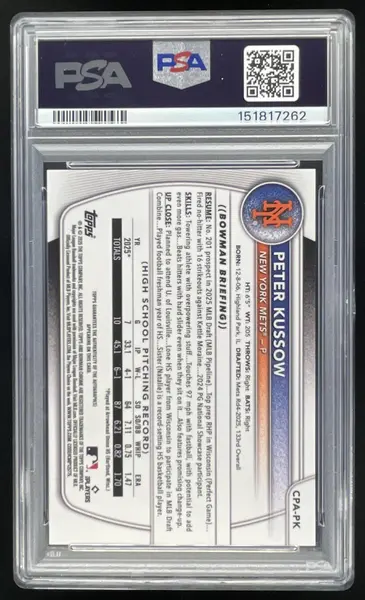 2025 Bowman Draft Chrome Prospect Blue Wave Peter Kussow RC Auto /150 PSA 9