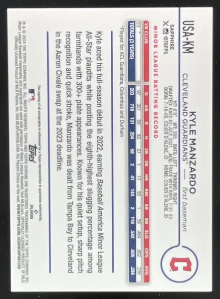2024 Topps Chrome Update Sapphire Chrome #USA-KM Kyle Manzardo RC Auto /199