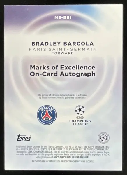 2025-26 Topps Chrome UEFA CC Marks of Excellence Purple Bradley Barcola Auto /10 *Damage