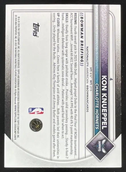 2025-26 Bowman Yellow Border #4 Kon Knueppel RC /75