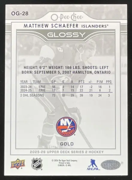 2025-26 Upper Deck Series 2 OPC Glossy Gold #OG-28 Matthew Schaefer RC