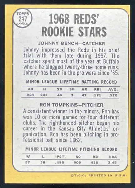 1968 Topps #247a Reds 1968 Rookie Stars Johnny Bench Ron Tompkins RC Trimmed