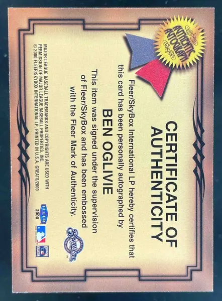 2000 Fleer Greats of the Game Autographs #NNO Ben Oglivie Auto
