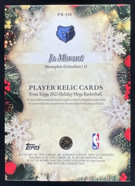 2025-26 Topps Holiday Player Relics Red Glitter Holiday #PR-JM Ja Morant /10