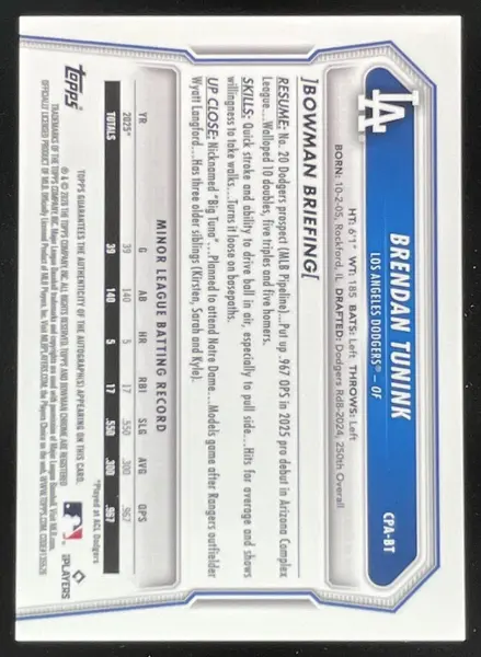 2026 Bowman Chrome Prospect Autograph #CPA-BT Brendan Tunink RC Auto