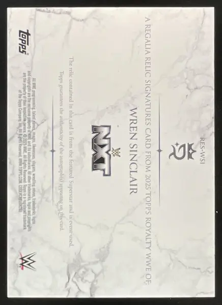 2025 Topps Royalty WWE Regalia Relic Signatures #RES-WSI Wren Sinclair Auto /99