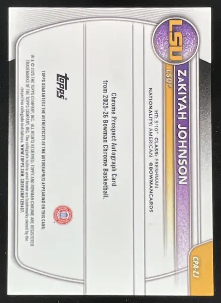 2025-26 Bowman Chrome Purple #CPA-ZJ ZaKiyah Johnson RC Auto /250