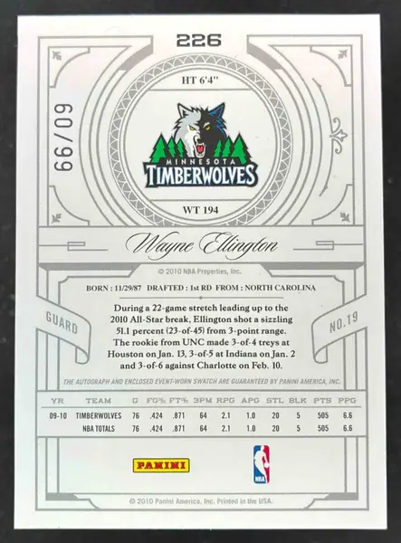 2009 Panini Playoff National Treasures Wayne Ellington Autograph RC Auto /99