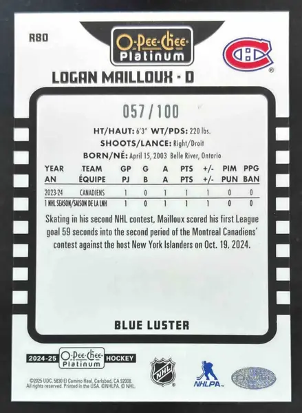2024-25 O-Pee-Chee Platinum Retro Blue Luster #R80 Logan Mailloux /100