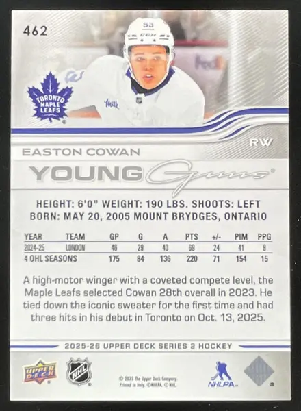 2025-26 Upper Deck Series 2 Young Guns #462 Easton Cowan RC