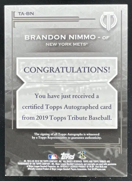 2019 Topps Tribute Autographs Green #TA-BN Brandon Nimmo Auto /99