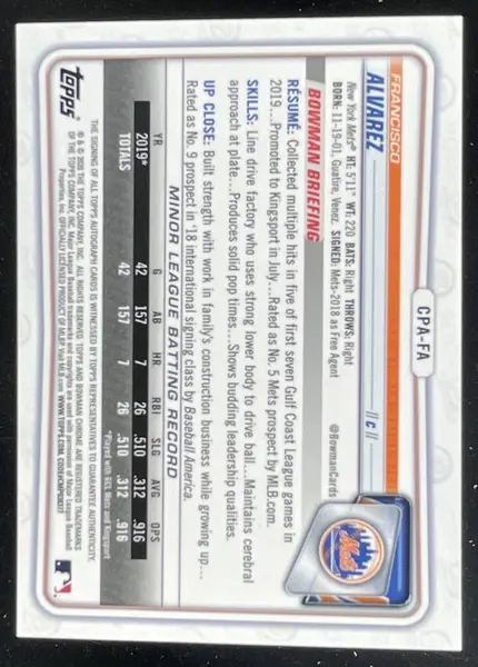 2020 Bowman Chrome Prospect Autographs #CPA-FA Francisco Alvarez RC Auto