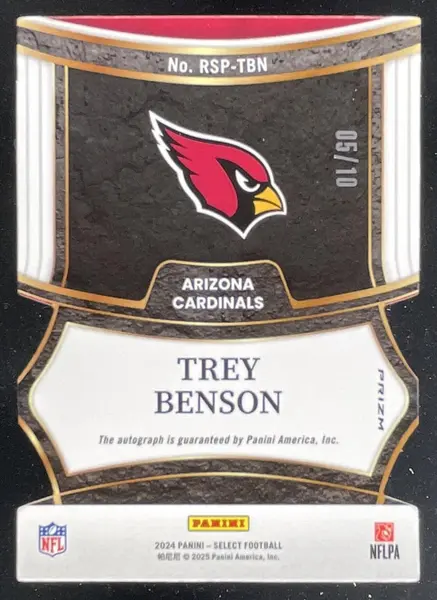 2024 Panini Select Rookie Signatures Gold Prizm #RSP-TBN Trey Benson RC Auto /10