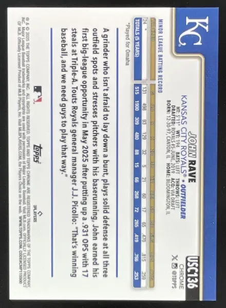 2025 Topps Chrome Update Orange Refractor #USC136 John Rave RC /25
