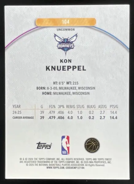 2025-26 Topps Finest Uncommon #104 Kon Knueppel RC